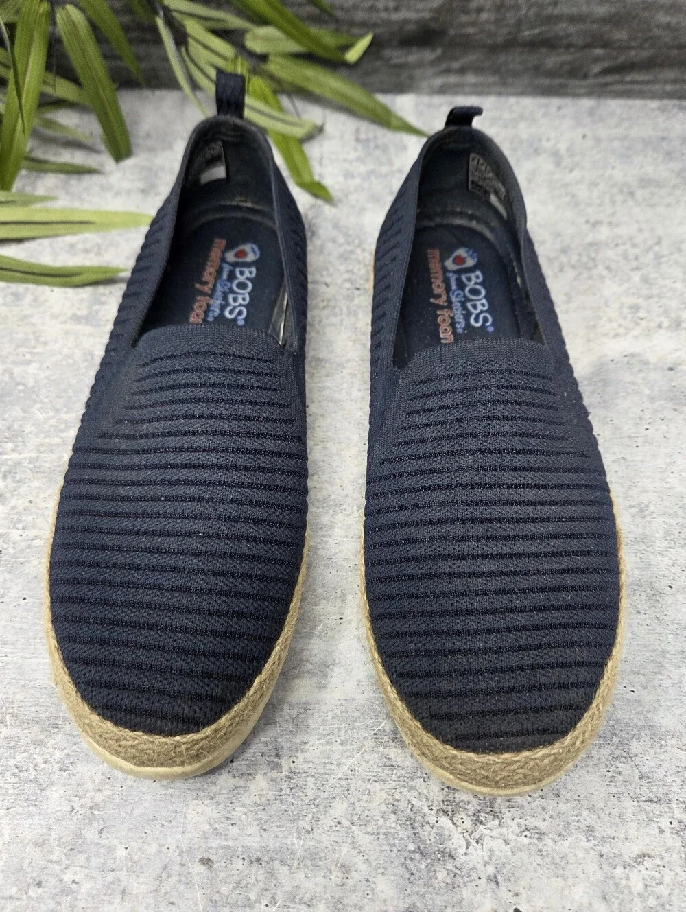 Bobs Skechers Navy Blue Flexpadrille Slip-On Shoes Jute Wrapped Midsole Size 9